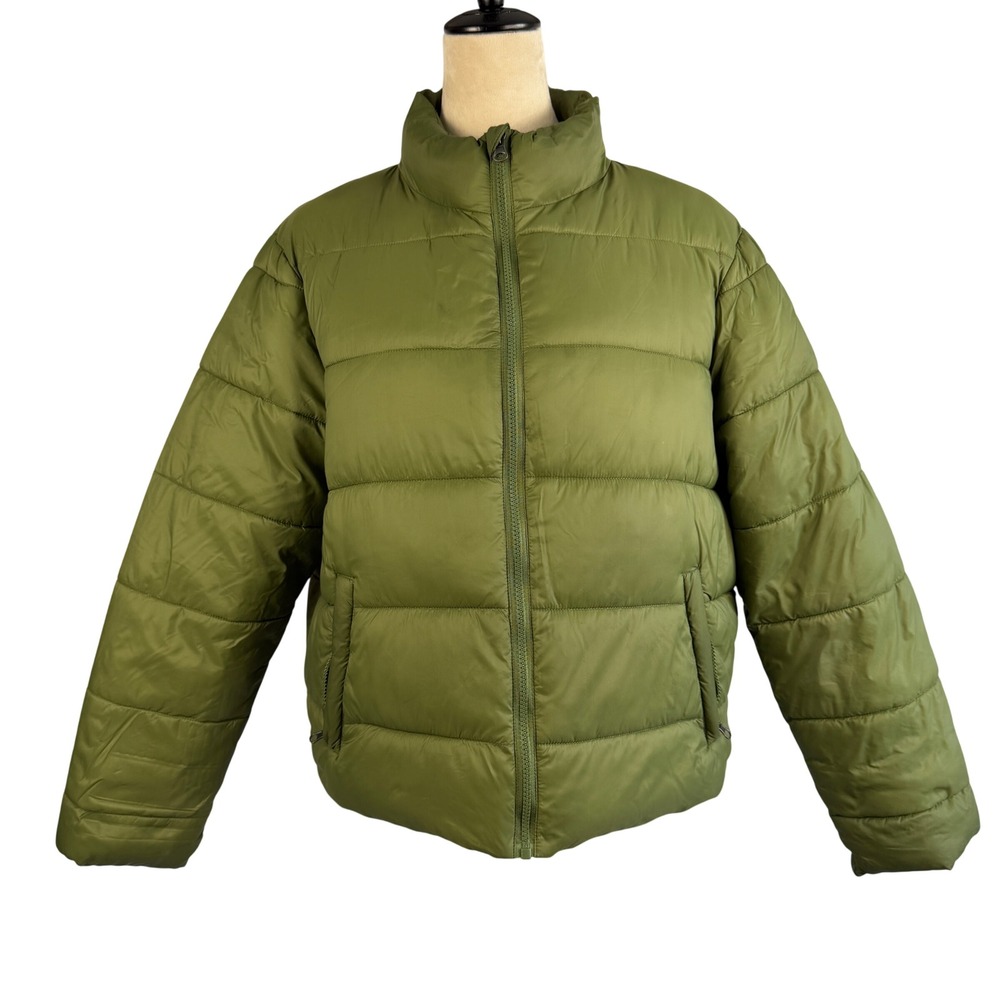 Puffer Jacket Green Quilted Crop Full Zip Mock Neck Womens Size Large‎ Winter